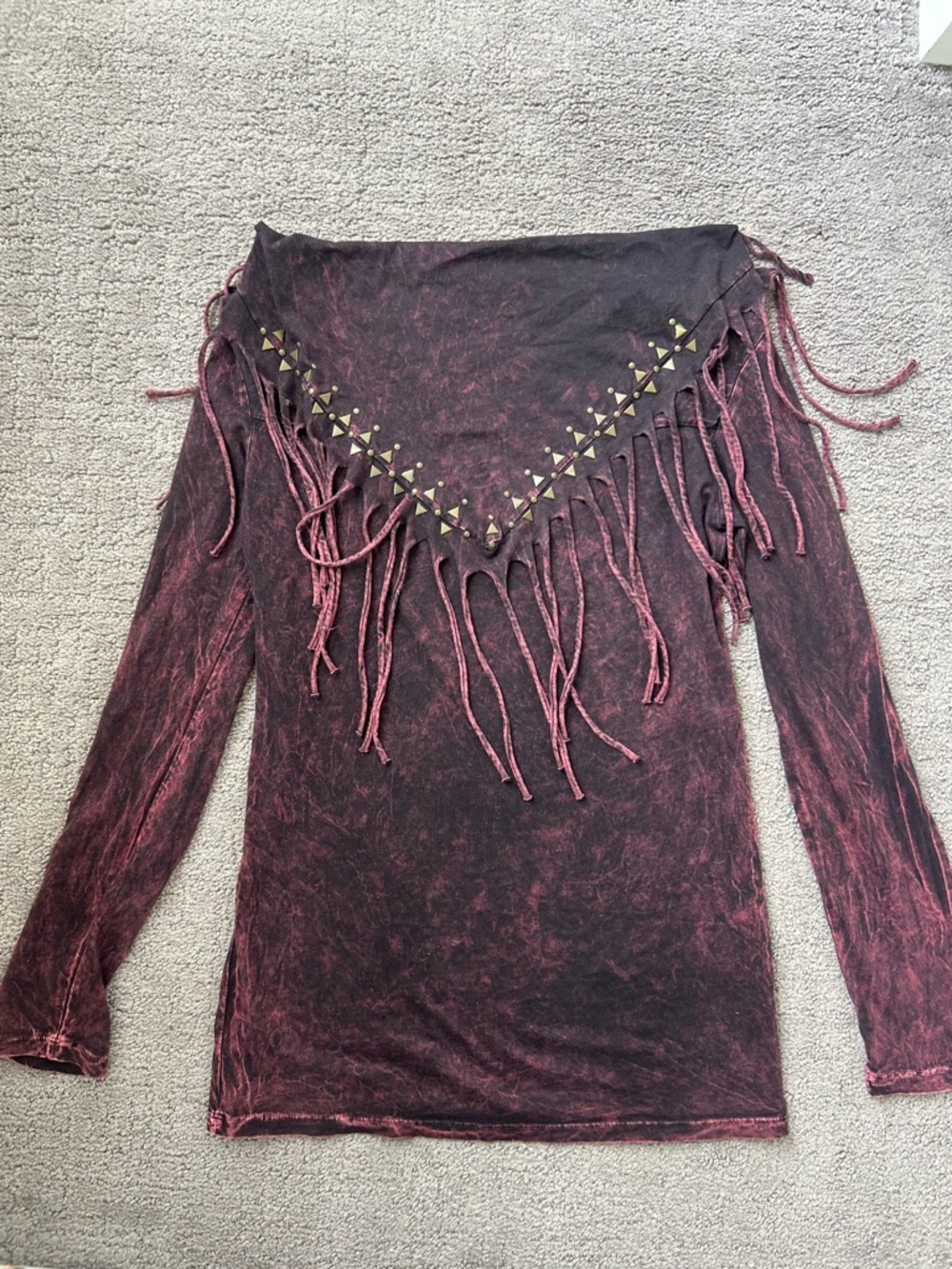 Bohme Maroon Black Acid Wash Fringe Studded Long Sleeve Top Boho Rocker Size S